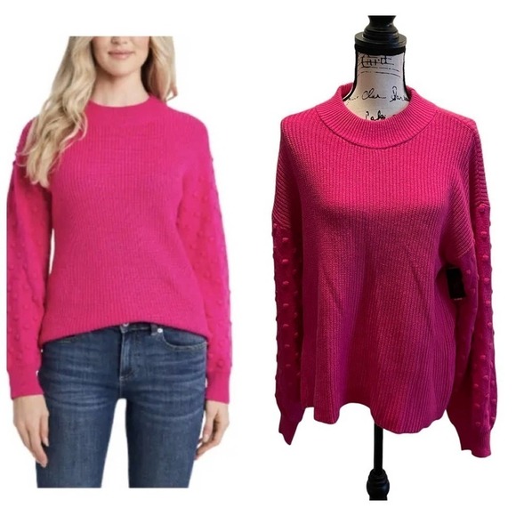 Vince Camuto Bobble Stitch Sweater Aurora Bright Pink Medium XL XXL Mock Neck - Picture 1 of 10